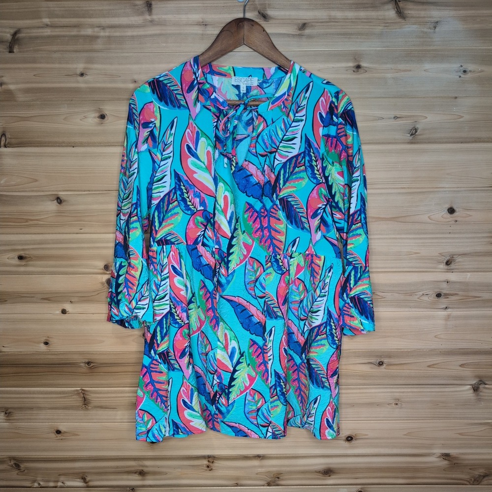 Escape by Habitat Clothes Tropical Leaf‎ Print Tunic Top Blue Pink Small